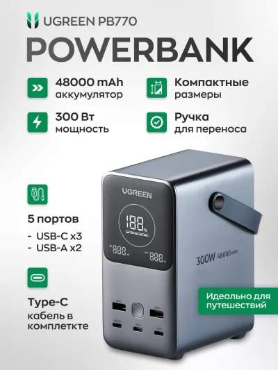 Внешний аккумулятор Ugreen PB770, 48000мАч, 300Вт. Портативный повербанк