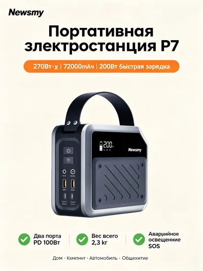 Портативная электростанция Newsmy P7, 270 Втч, 72000 мАч, быстрая зарядка 200 Вт, два порта PD по 100 Вт, литийжелезофосфатный аккумулятор