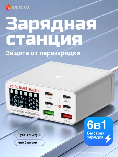 Зарядное устройство переменного тока (AC-зарядка), USB 3.0 Type-A (разъём), USB Type-C (разъём), 55 Вт, белое
